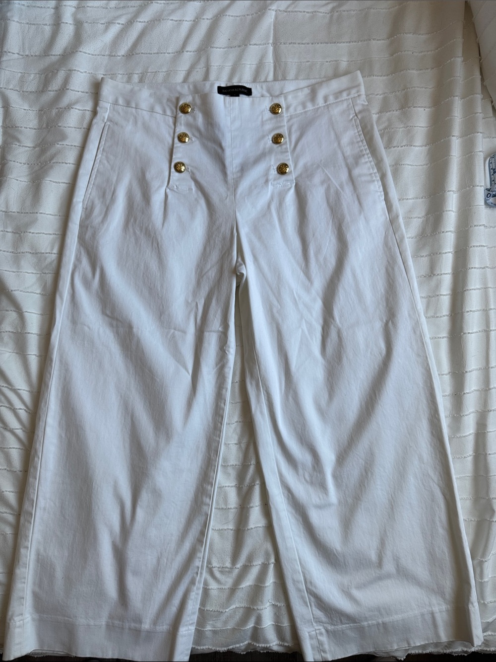 Banana Republic White Wide-Leg Sailor Pants with Gold Buttons